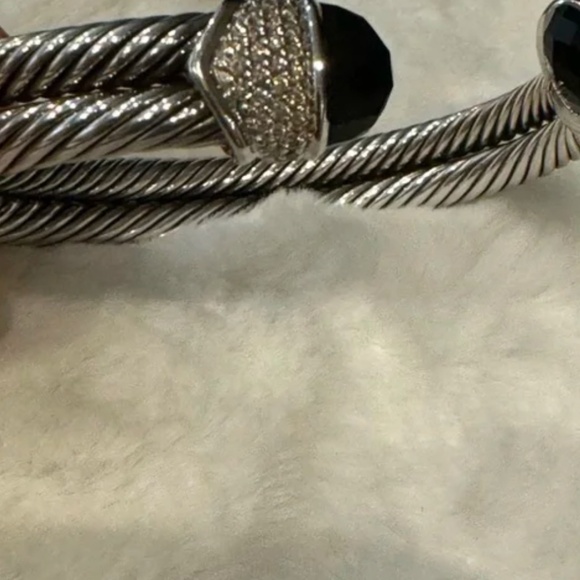 David Yurman Sterling Silver 18K Gold Double Cable Bracelet Onyx Diamonds - Picture 3 of 5